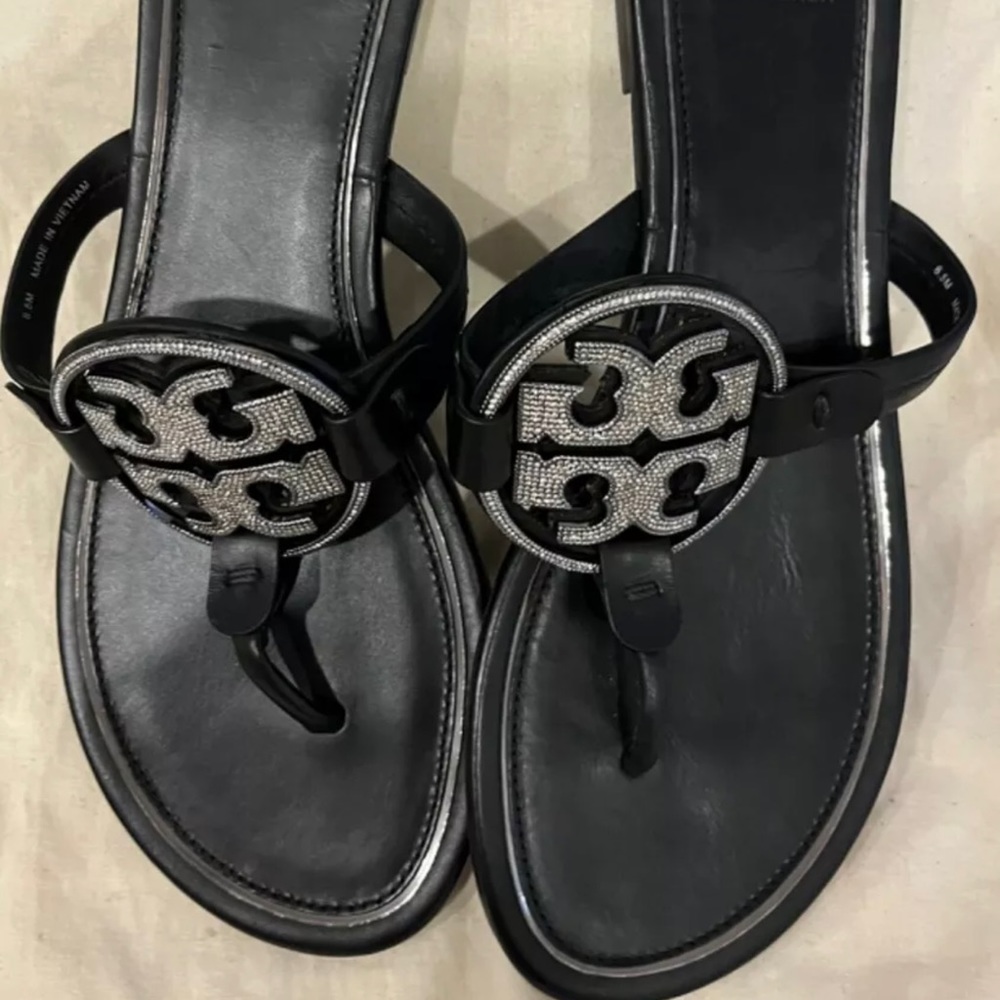 Tory Burch Miller Jeweled Black Leather Sandals